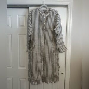 H&M Striped Long Linen-Blend Tunic Dress in Gray and White